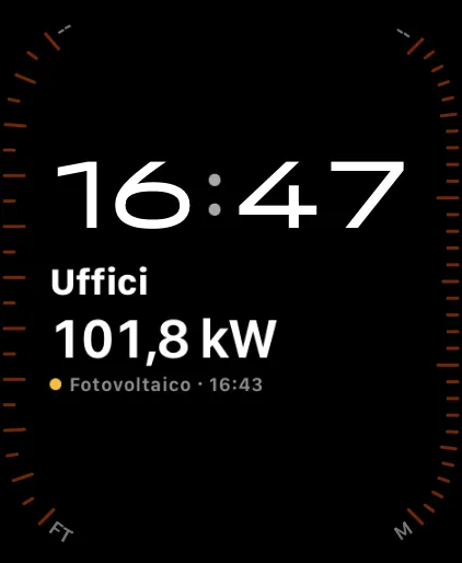 Quadrante di smartwatch con l'ora e la potenza del fotovoltaico della sede Uffici, con l'orario della lettura